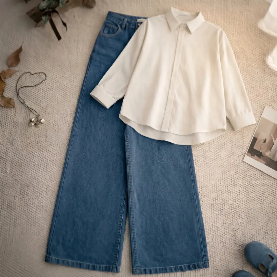 Minimalist Pastel Pink Shirt & Wide-Leg Denim Set - Image 6