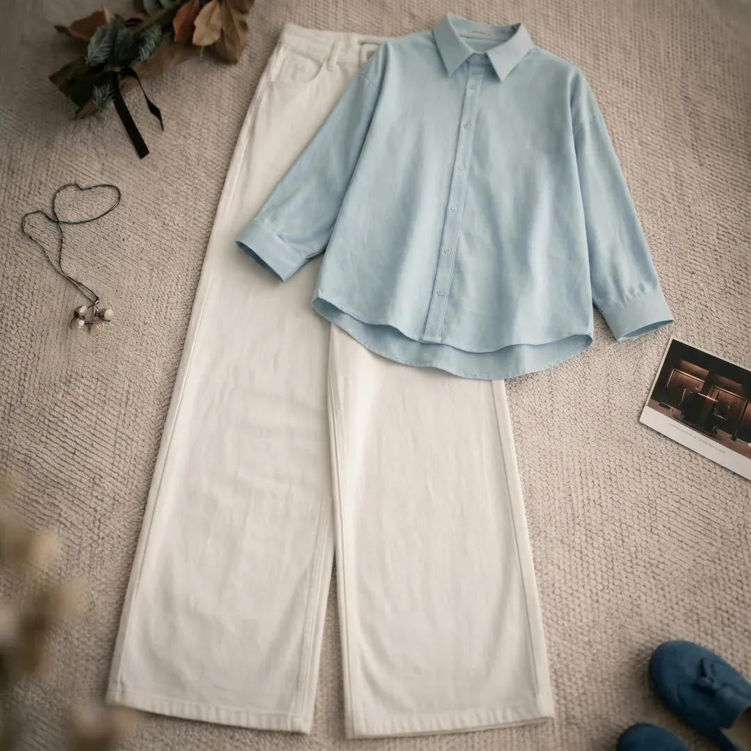 Minimalist Pastel Pink Shirt & Wide-Leg Denim Set - Image 5