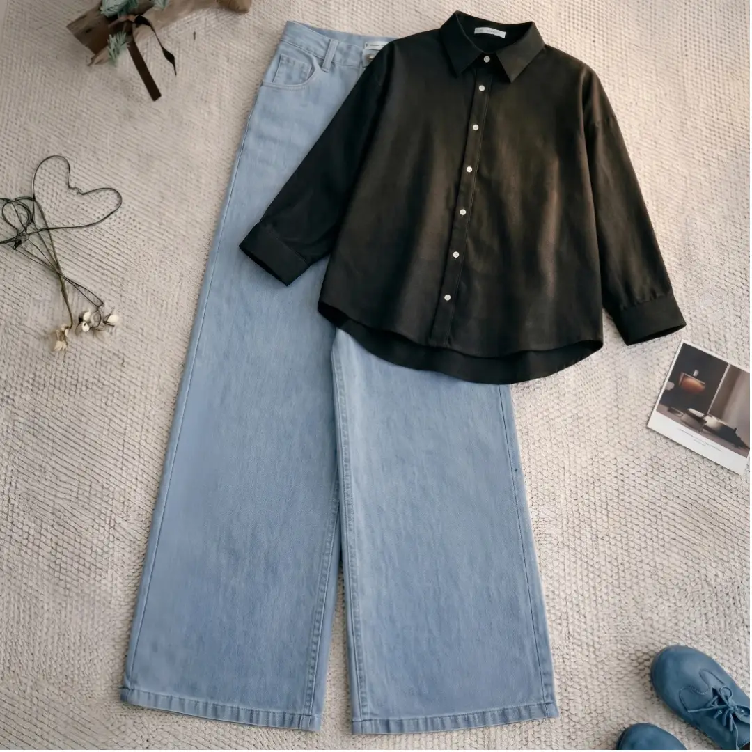 Minimalist Pastel Pink Shirt & Wide-Leg Denim Set - Image 7