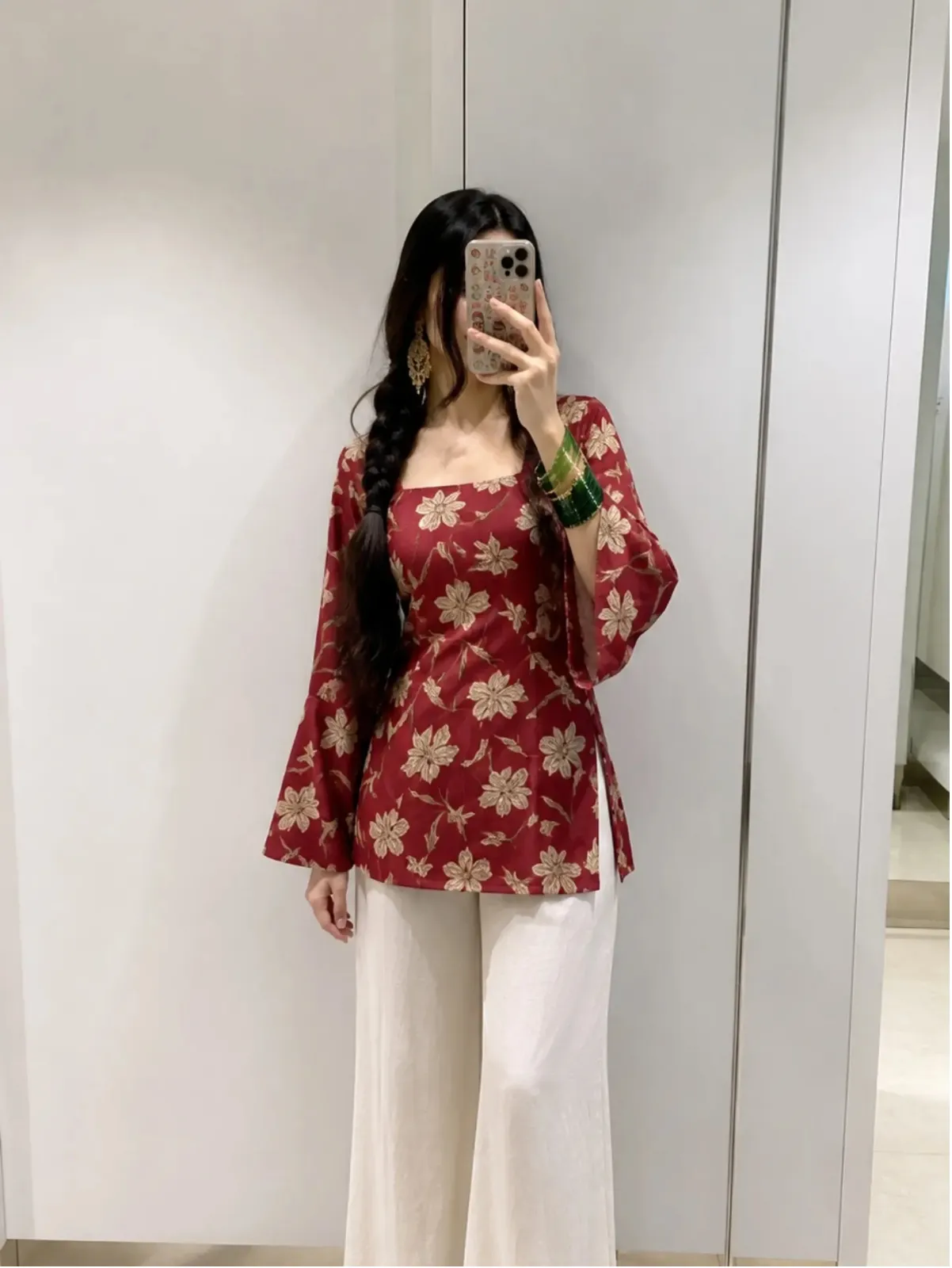 Elegant Crimson Embroidered Kurti & Off-White Sharara Set - Image 6