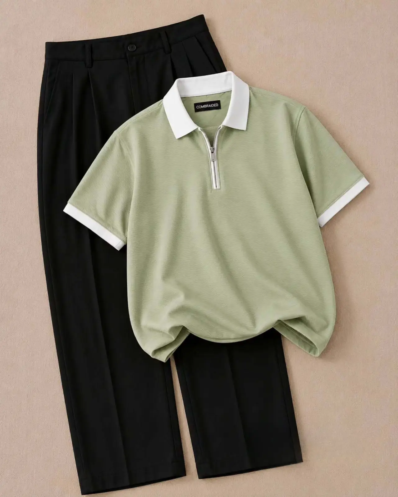 Smart Casual Dark Brown Quarter-Zip Polo & Black Trousers Combo - Image 2