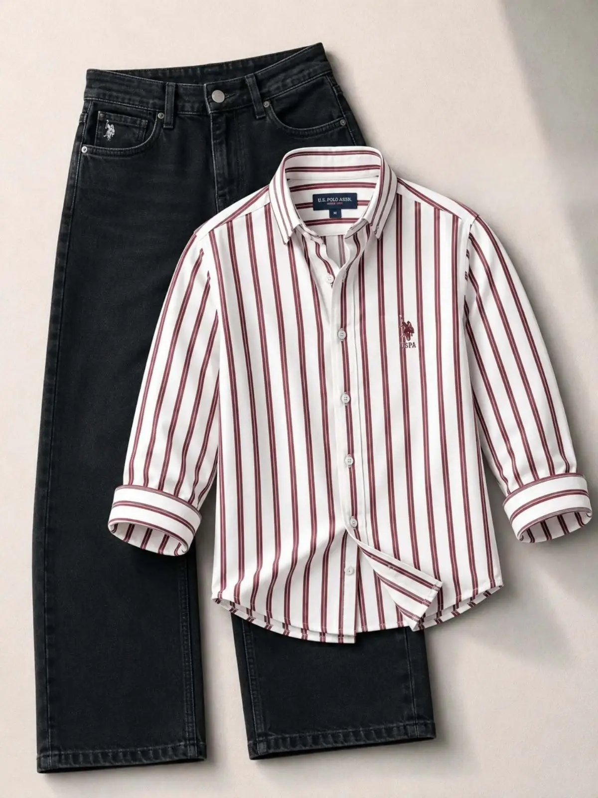 Smart Casual White Striped Shirt & Grey Denim Ensemble - Image 2