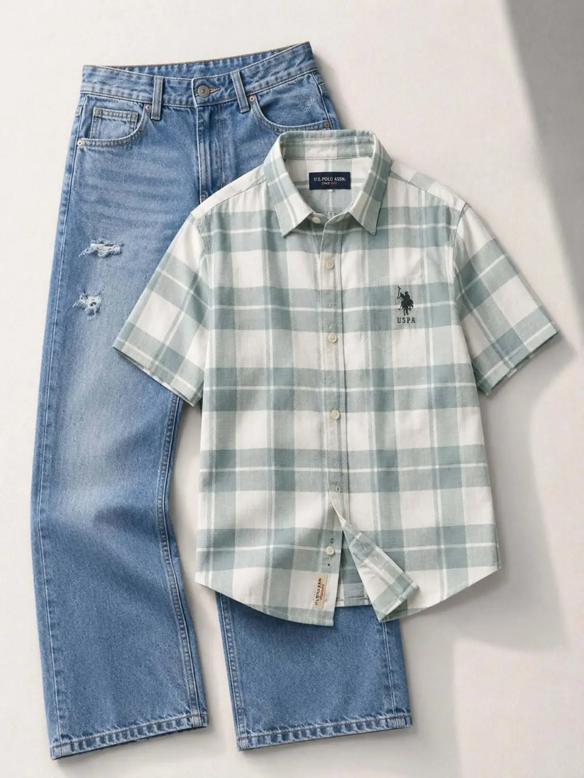 Smart Casual White Striped Shirt & Grey Denim Ensemble - Image 4