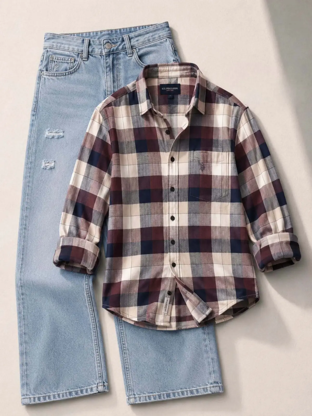 Smart Casual White Striped Shirt & Grey Denim Ensemble - Image 3
