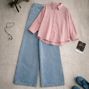 Minimalist Pastel Pink Shirt & Wide-Leg Denim Set