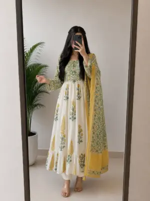 Vibrant Floral Block Print Anarkali Suit Set