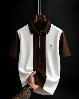 Retro Brown and White Zip-Up Polo Shirt