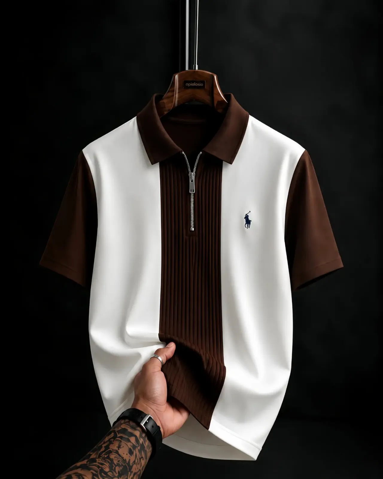 Retro Brown and White Zip-Up Polo Shirt