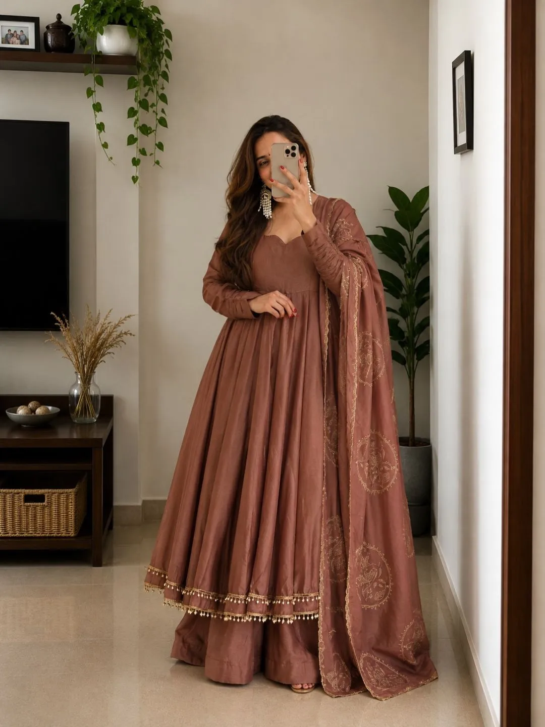 Regal Crimson Maroon Anarkali Suit Set with Embroidered Organza Dupatta - Image 3