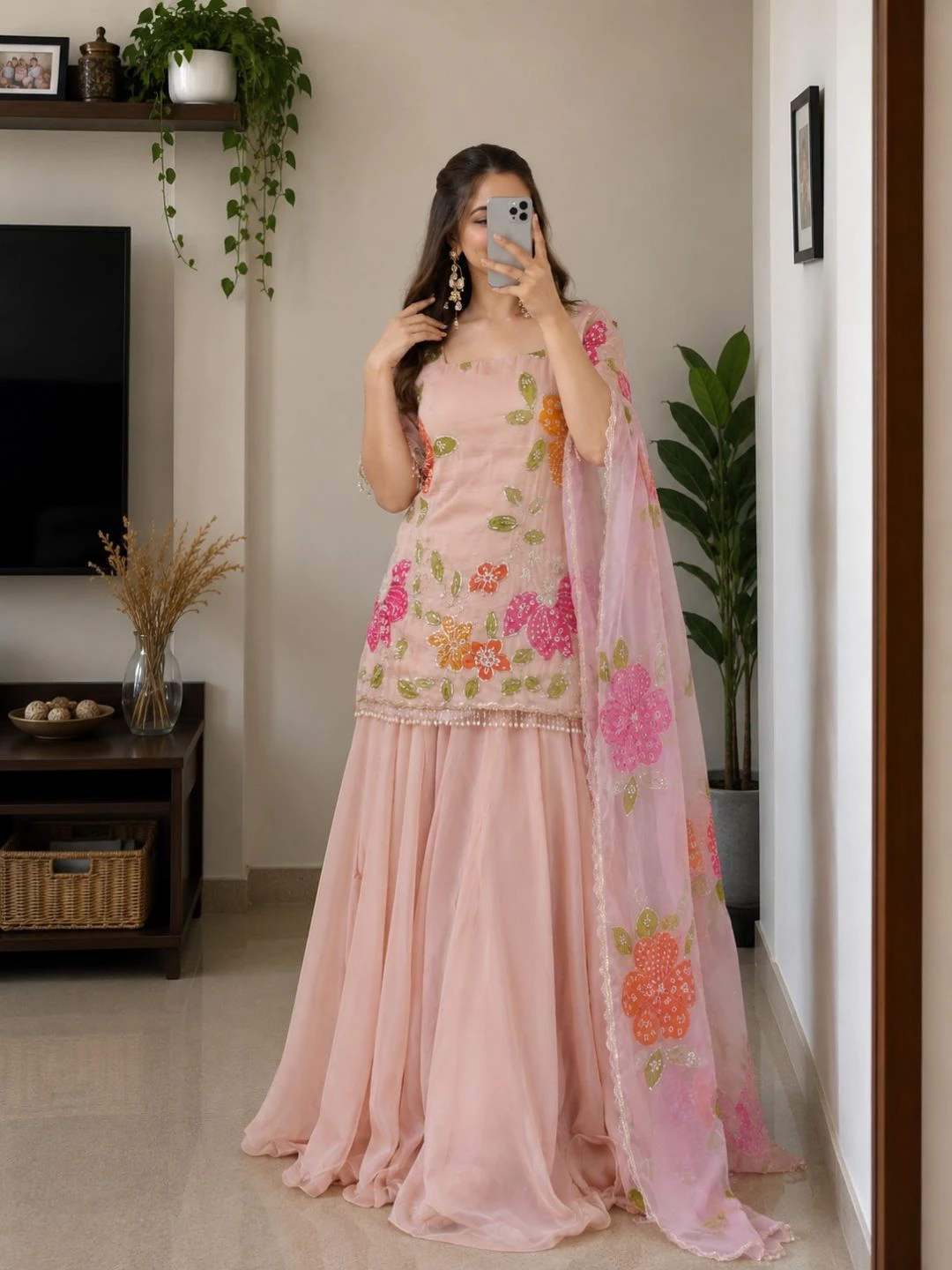 Regal Crimson Maroon Anarkali Suit Set with Embroidered Organza Dupatta - Image 5