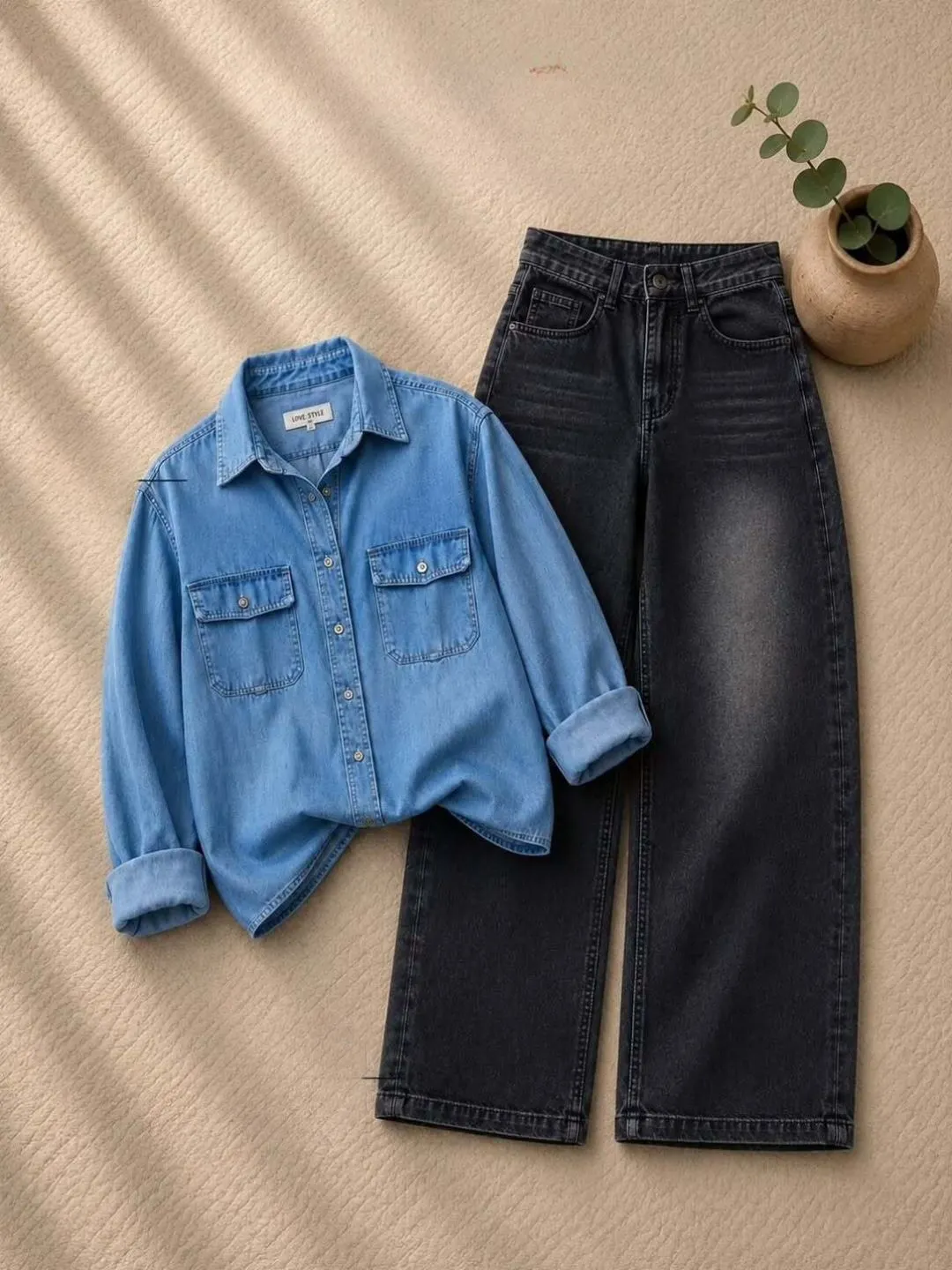 Earthy Tones Textured Brown Overshirt & Faded Black Denim Co-Ord - Image 2