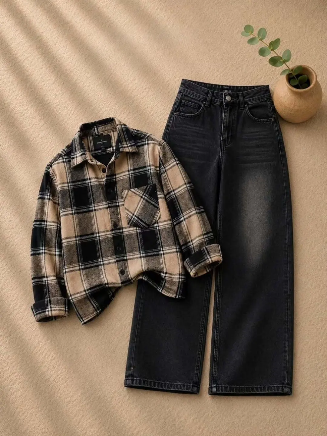 Earthy Tones Textured Brown Overshirt & Faded Black Denim Co-Ord - Image 3