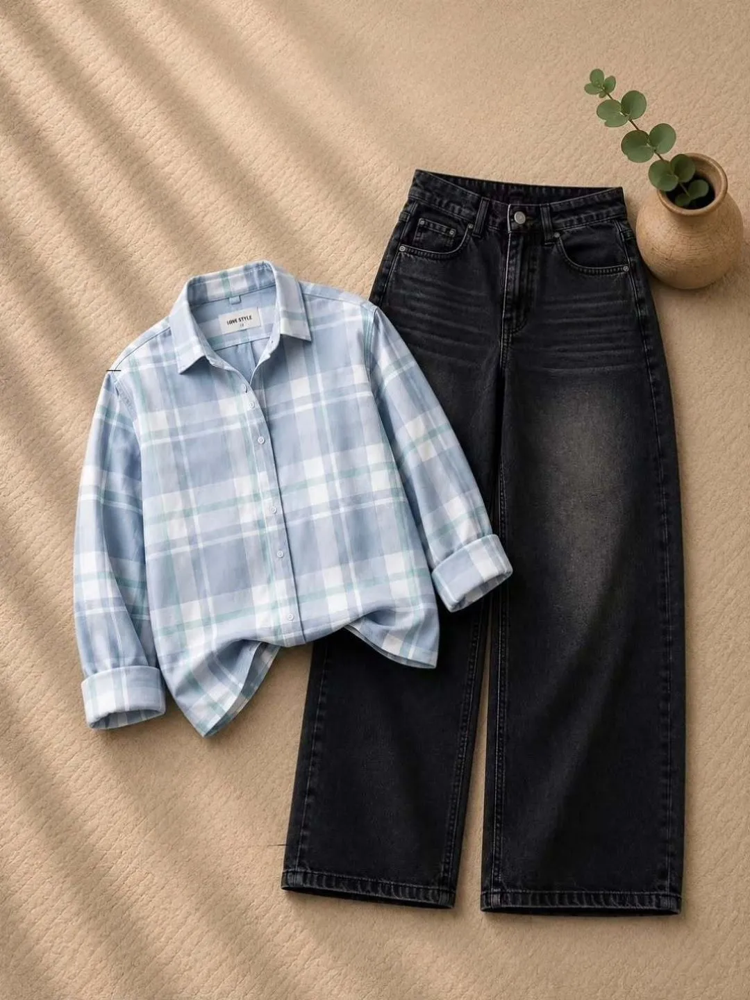 Earthy Tones Textured Brown Overshirt & Faded Black Denim Co-Ord - Image 4