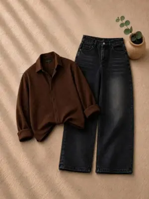 Earthy Tones Textured Brown Overshirt & Faded Black Denim Co-Ord