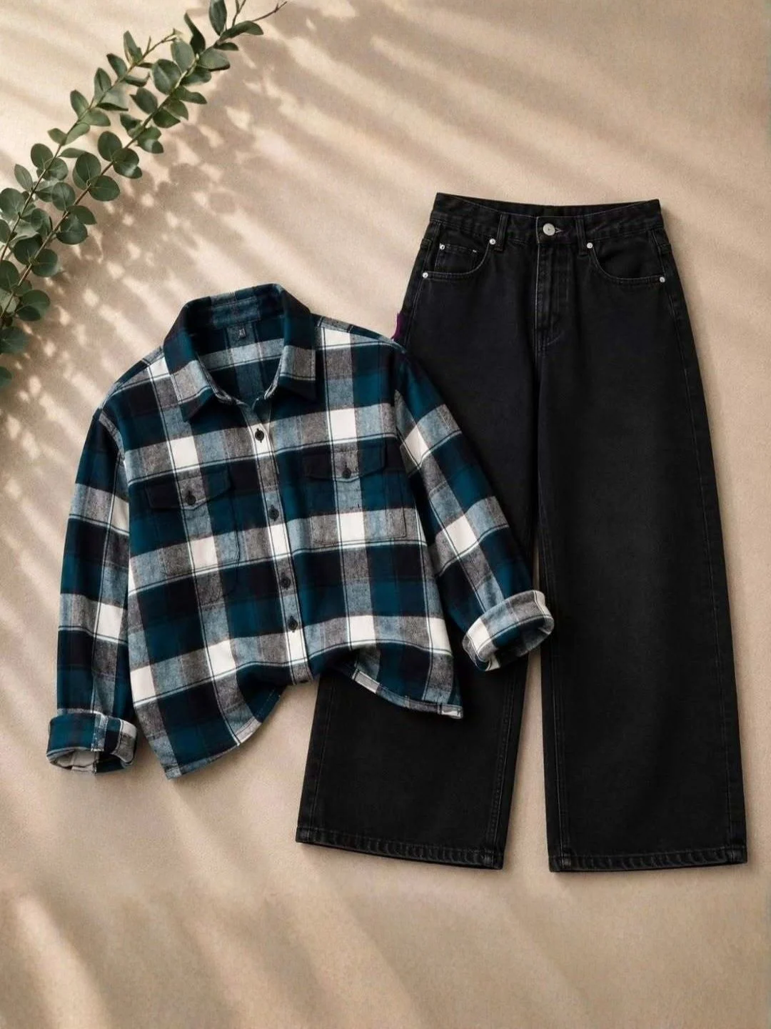 Casual Red Plaid Flannel Shirt & Wide-Leg Blue Denim Set - Image 2
