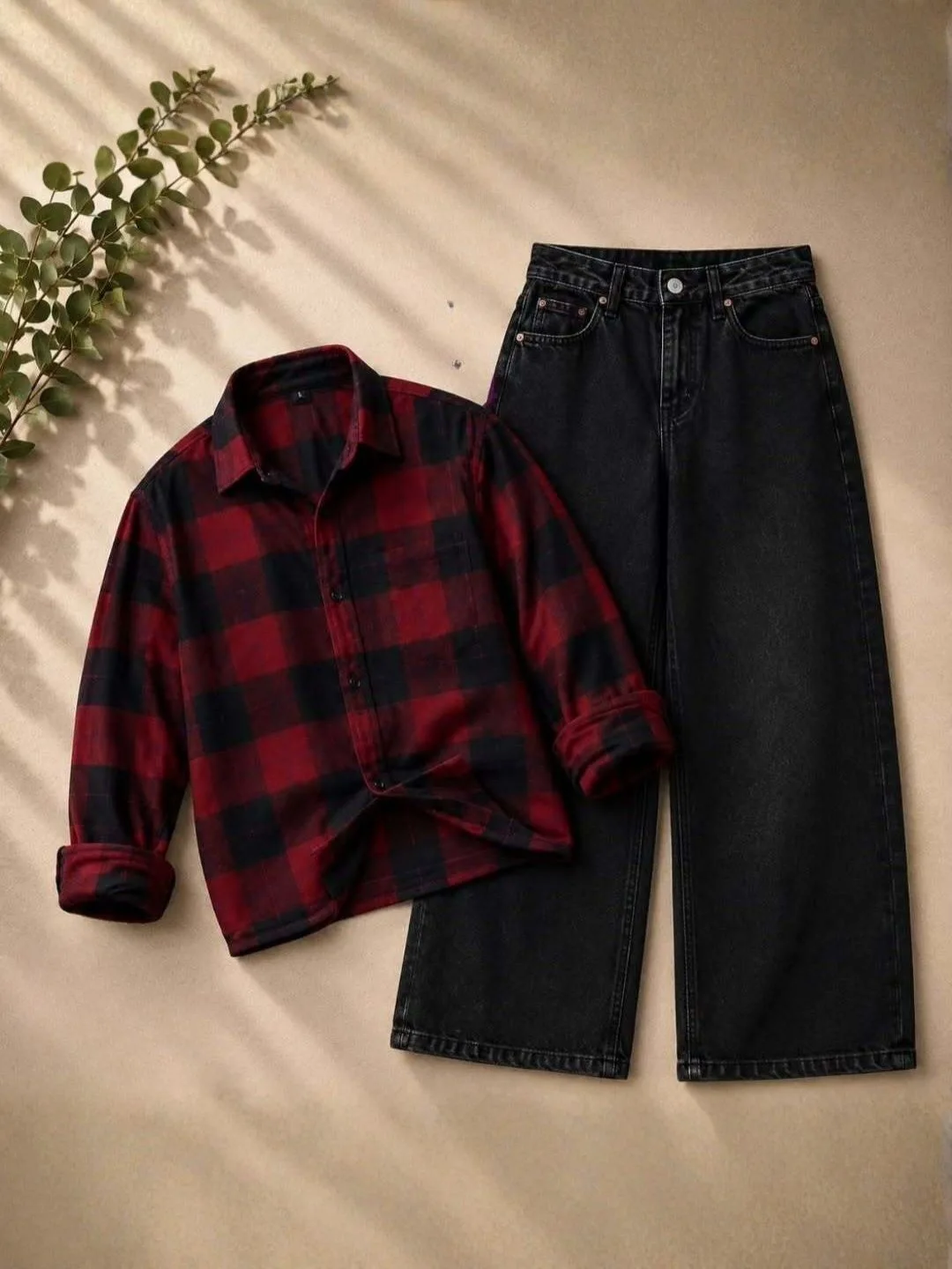 Casual Red Plaid Flannel Shirt & Wide-Leg Blue Denim Set - Image 3