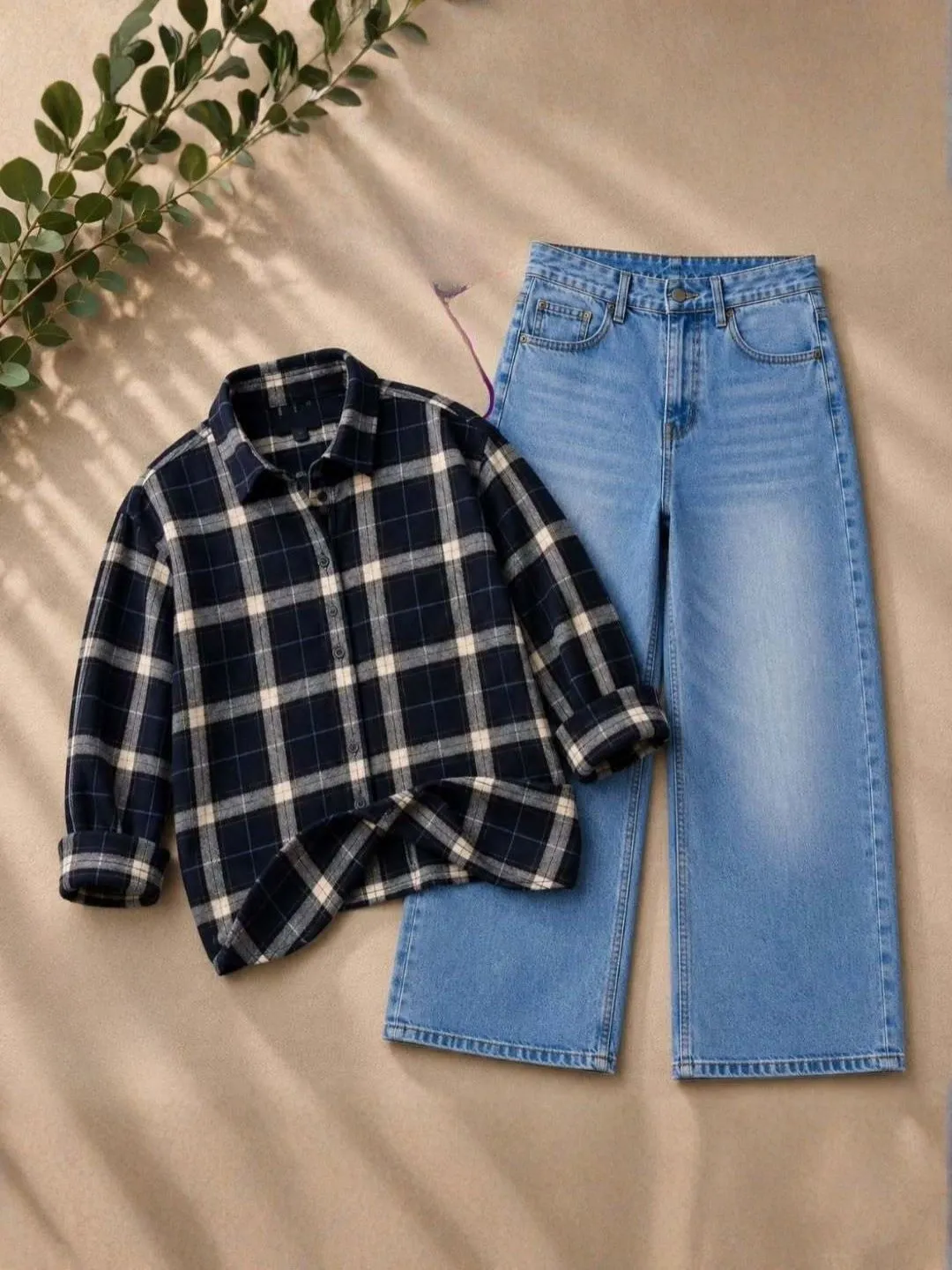 Casual Red Plaid Flannel Shirt & Wide-Leg Blue Denim Set - Image 4