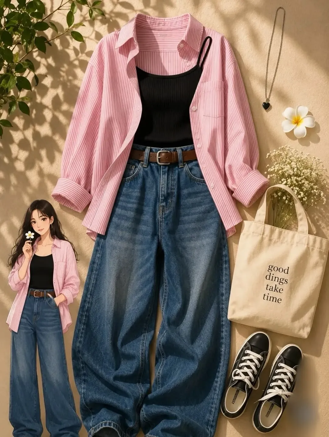 Aesthetic Layered Ensemble Striped Shirt, Crop Top & Denim - Image 2