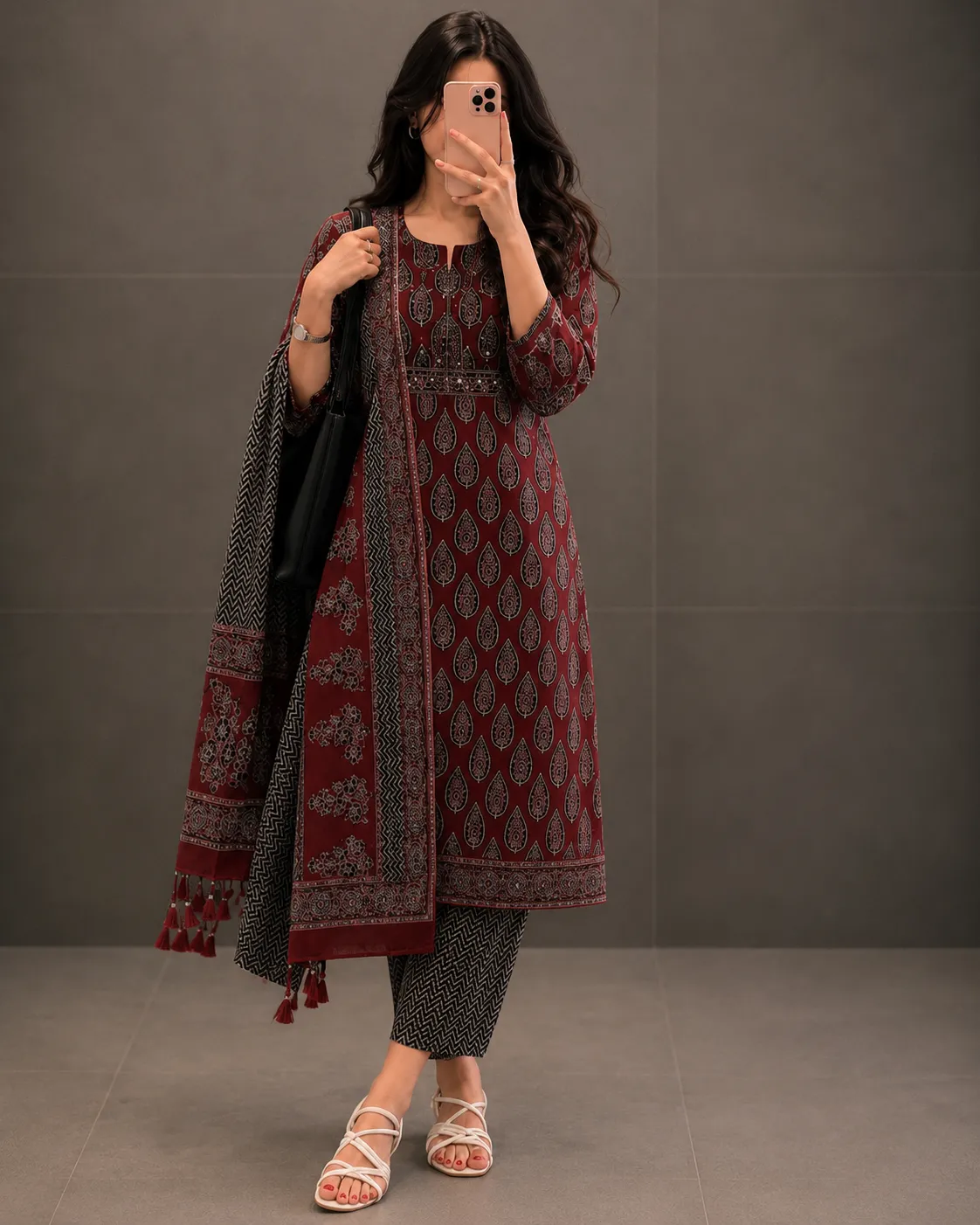 Elegant Beige & Brown Embroidered Kurta Set - Image 5