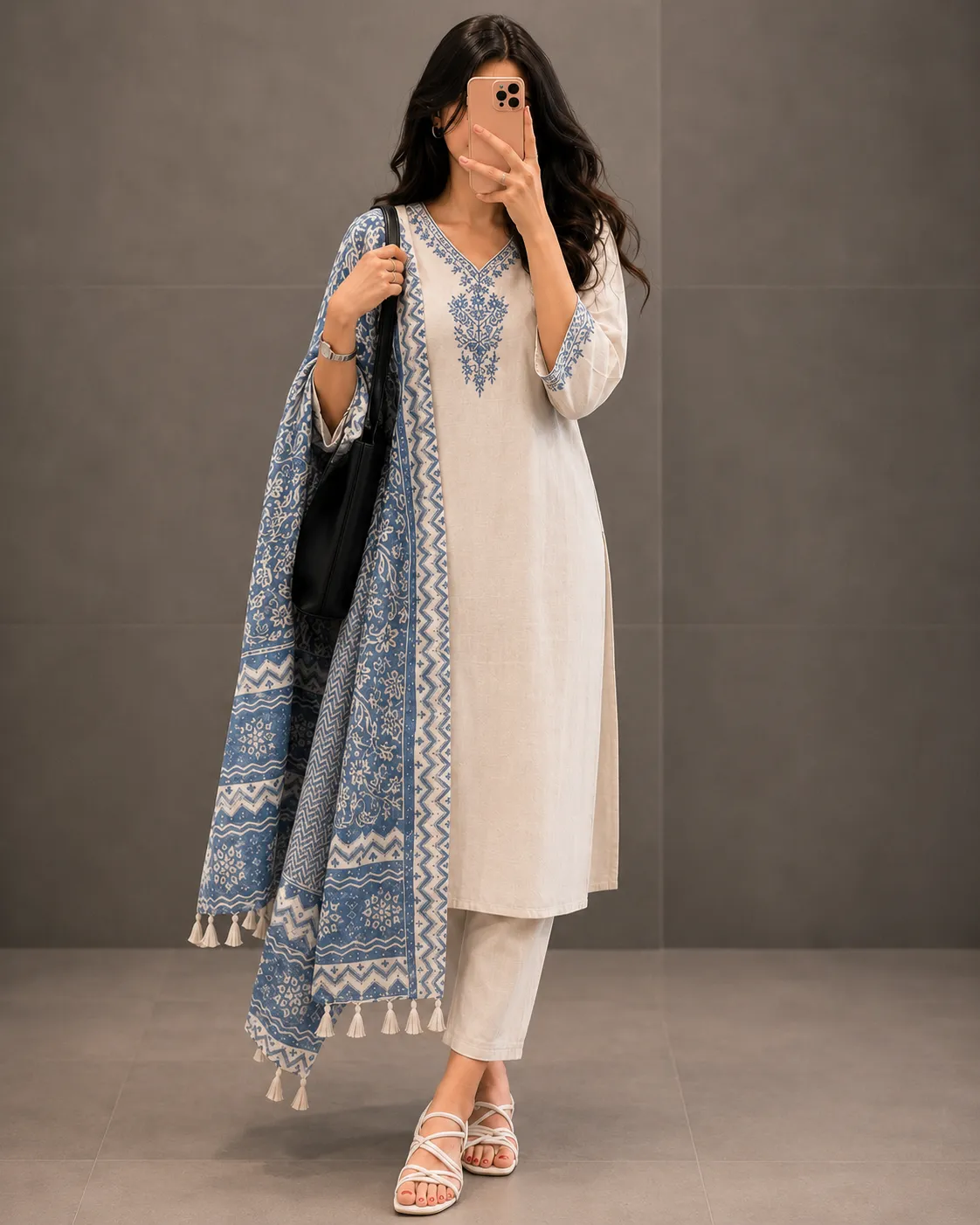 Elegant Beige & Brown Embroidered Kurta Set - Image 4