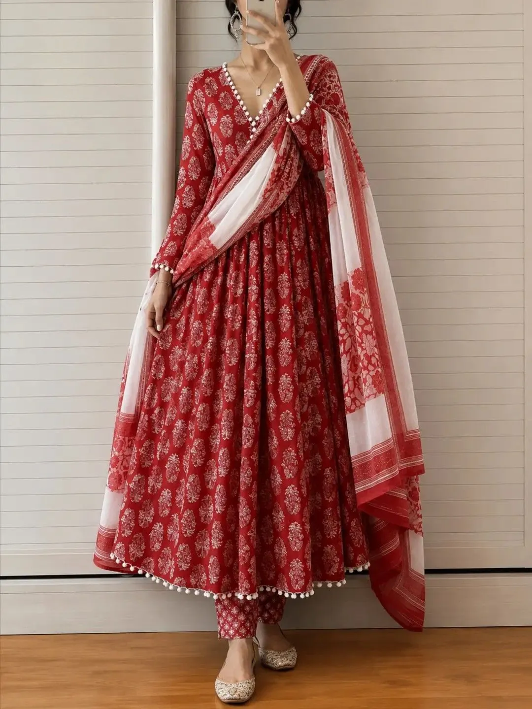 Elegant Dusty Pink Floral Anarkali Suit Set - Image 4