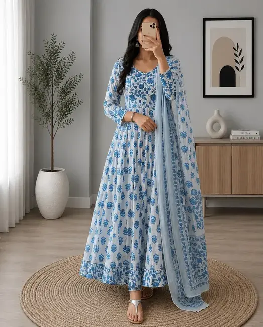 Graceful Dusty Rose Floral Anarkali & Maroon Palazzo Set - Image 5