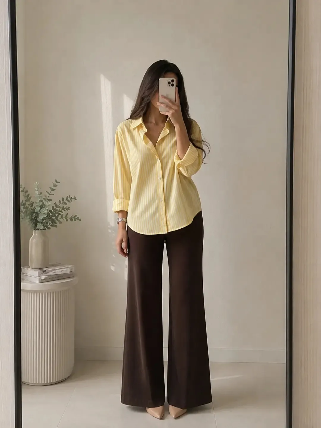 Neutral Beige Striped Button-Down & Espresso Wide-Leg Trousers Set - Image 3