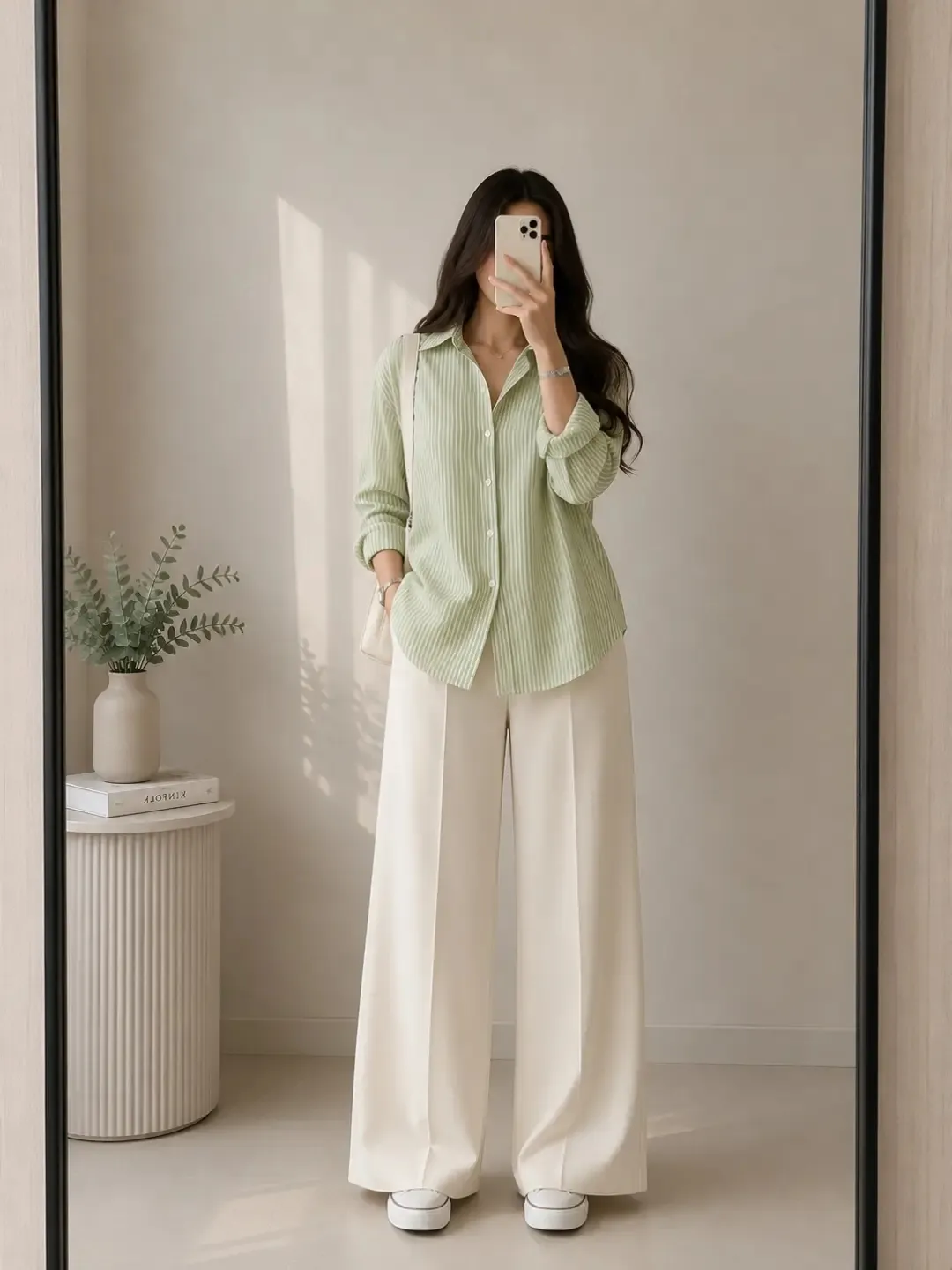 Neutral Beige Striped Button-Down & Espresso Wide-Leg Trousers Set - Image 5