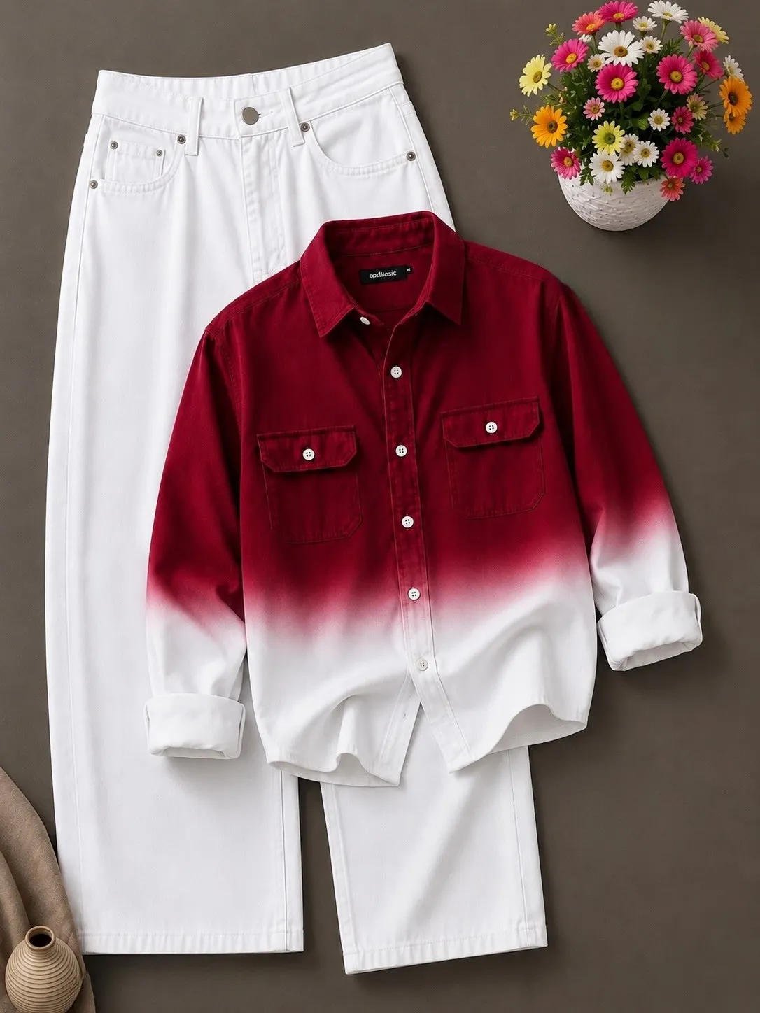 Contemporary Forest Green Ombre Shirt & White Denim Combo - Image 2