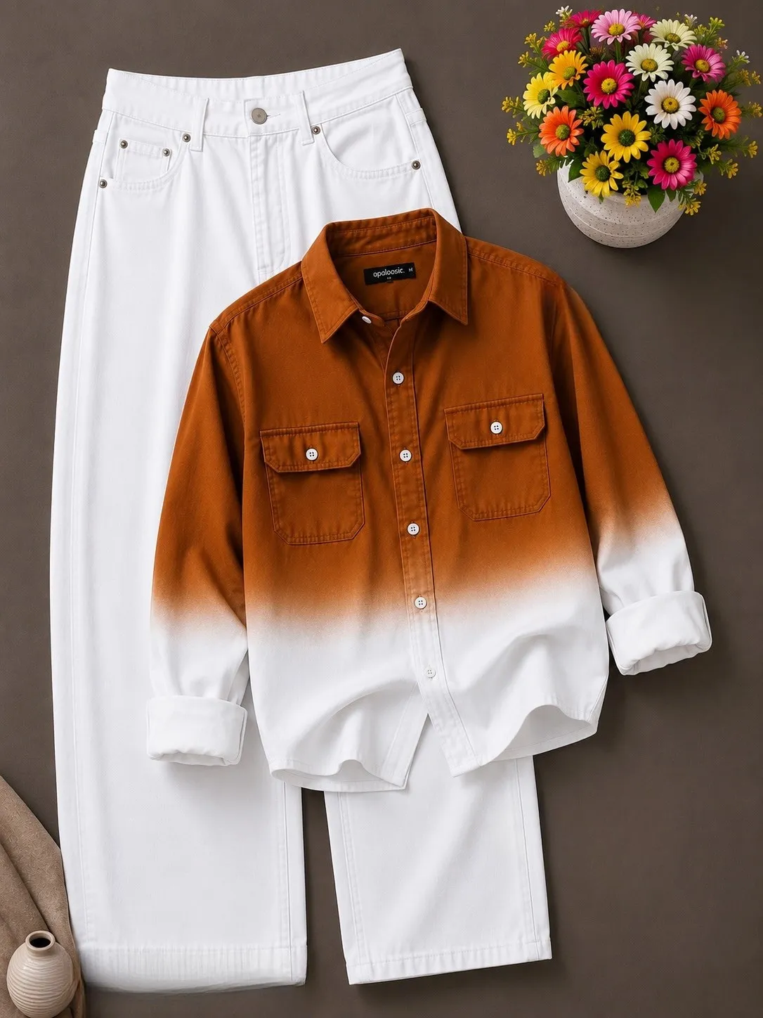 Contemporary Forest Green Ombre Shirt & White Denim Combo - Image 4