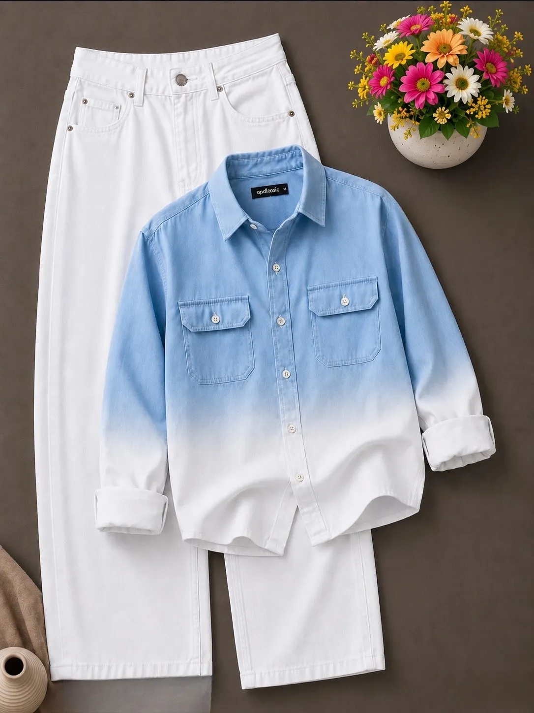 Contemporary Forest Green Ombre Shirt & White Denim Combo - Image 3