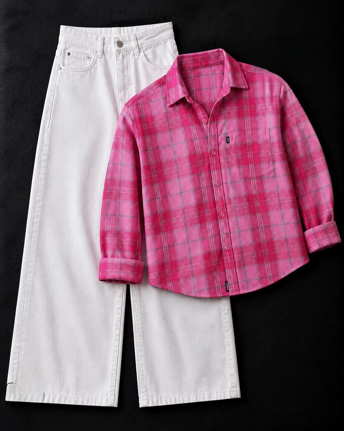 Relaxed Green Plaid Shirt & Wide-Leg White Denim Combo - Image 3