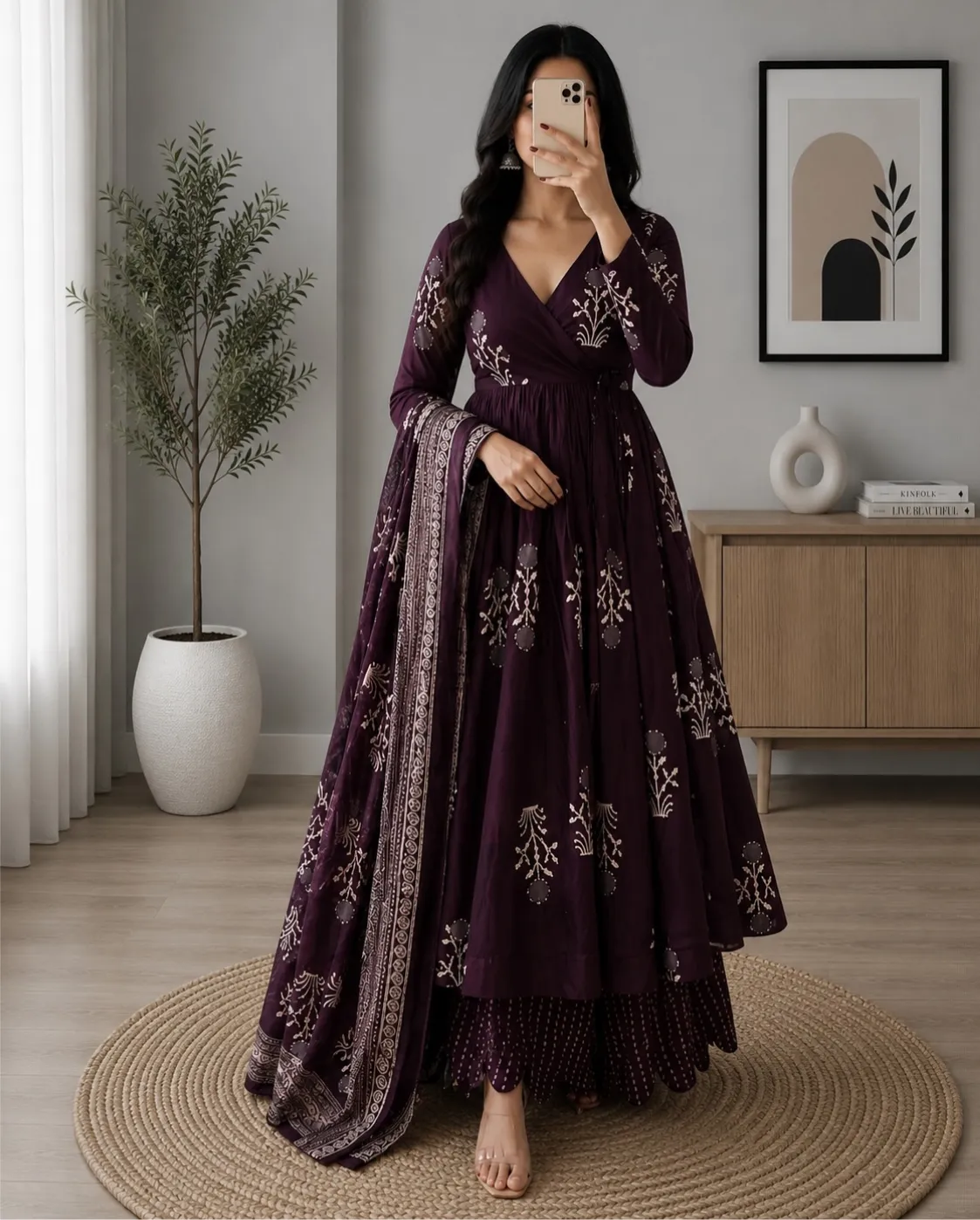 Graceful Dusty Rose Floral Anarkali & Maroon Palazzo Set - Image 6