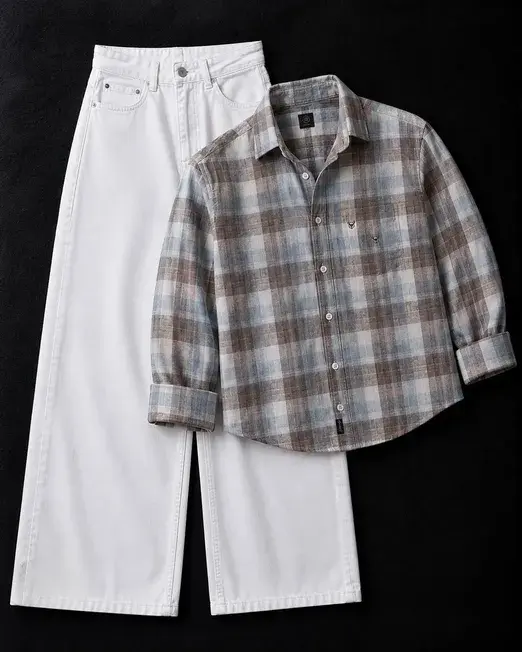 Relaxed Green Plaid Shirt & Wide-Leg White Denim Combo - Image 4