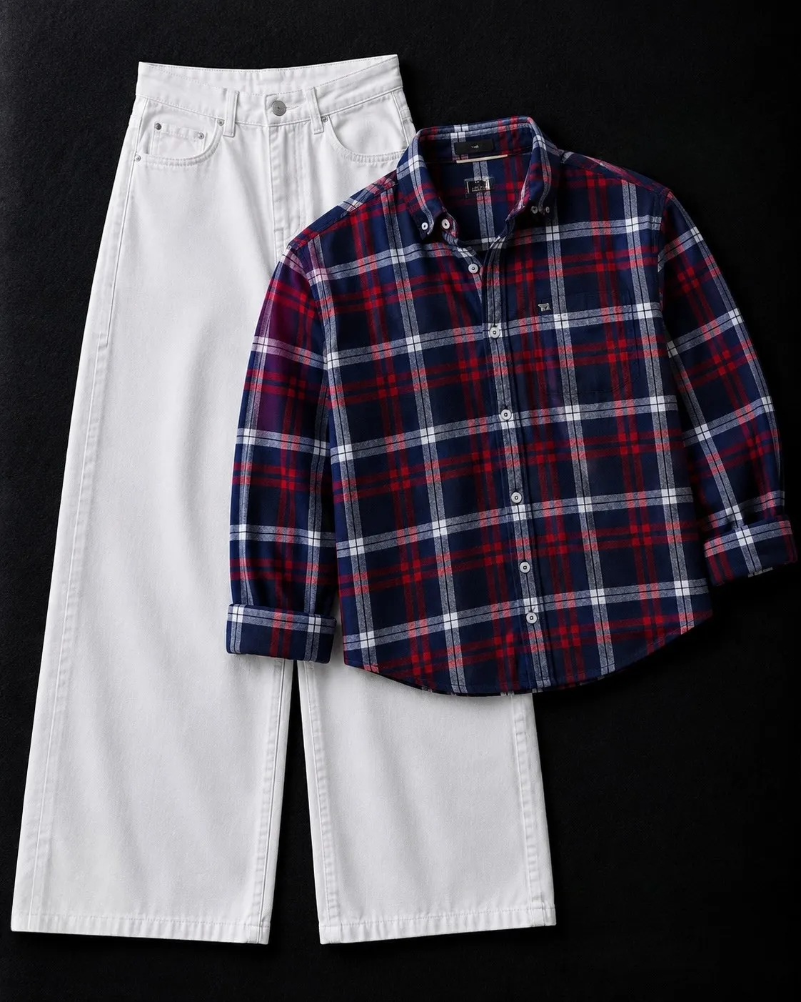 Relaxed Green Plaid Shirt & Wide-Leg White Denim Combo - Image 2