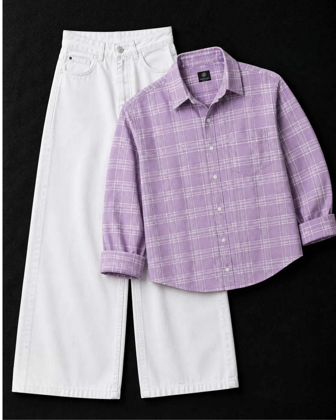 Relaxed Green Plaid Shirt & Wide-Leg White Denim Combo - Image 5