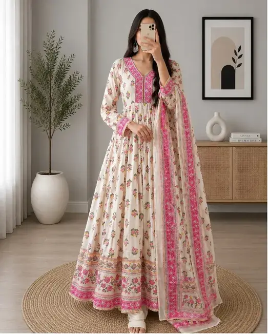 Graceful Dusty Rose Floral Anarkali & Maroon Palazzo Set - Image 2