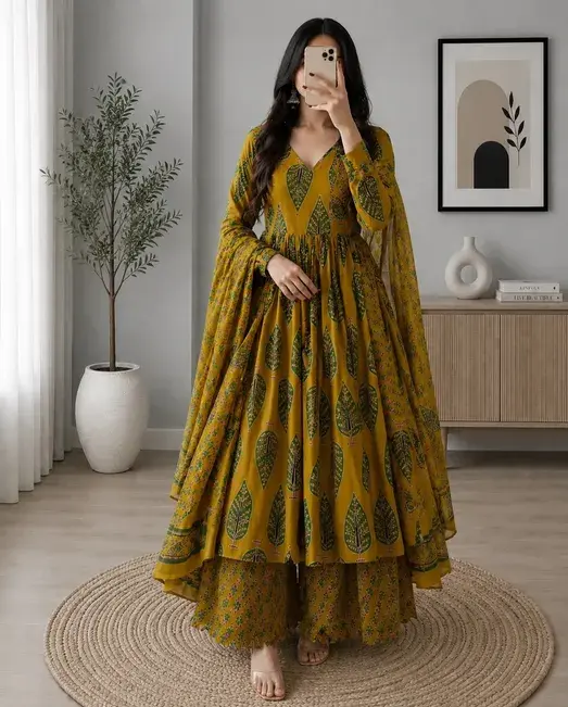 Graceful Dusty Rose Floral Anarkali & Maroon Palazzo Set - Image 4