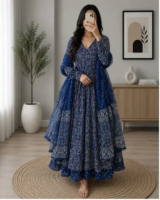 Graceful Dusty Rose Floral Anarkali & Maroon Palazzo Set - Image 3