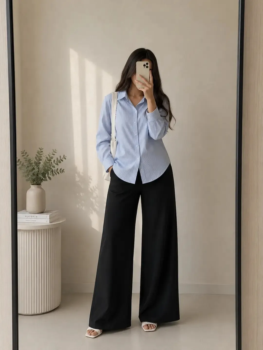 Neutral Beige Striped Button-Down & Espresso Wide-Leg Trousers Set - Image 4