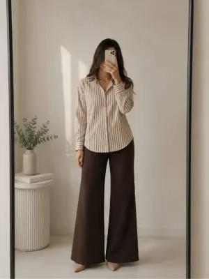 Neutral Beige Striped Button-Down & Espresso Wide-Leg Trousers Set