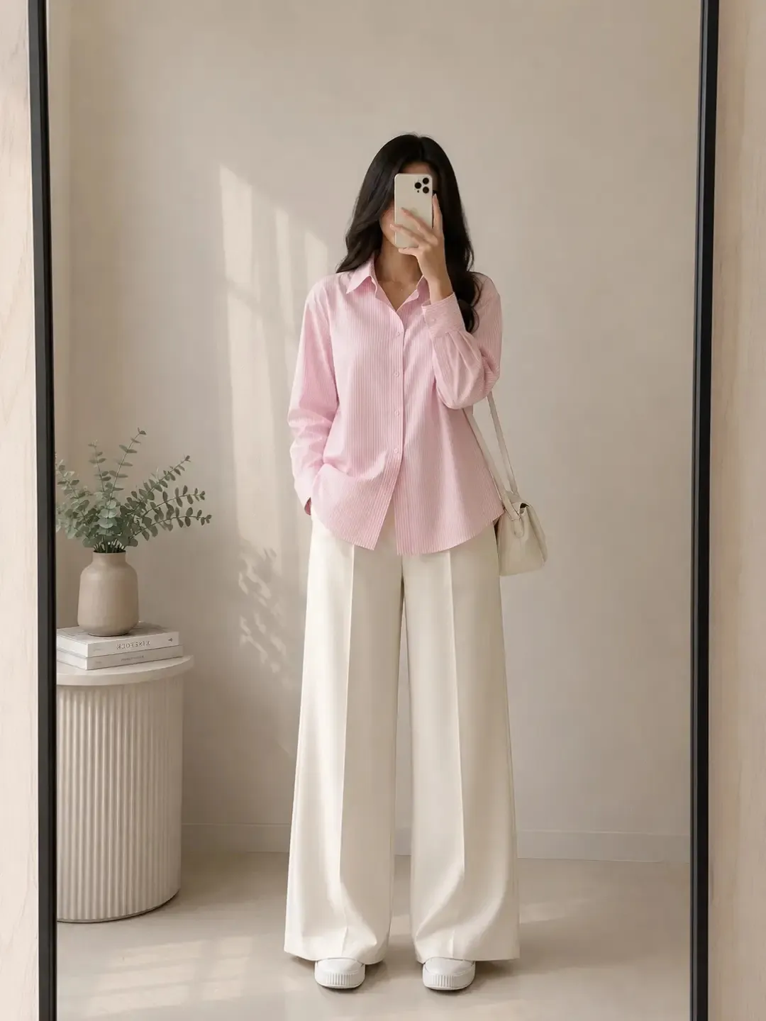 Neutral Beige Striped Button-Down & Espresso Wide-Leg Trousers Set - Image 2