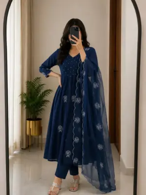 Royal Navy Blue Embroidered Kurti Set