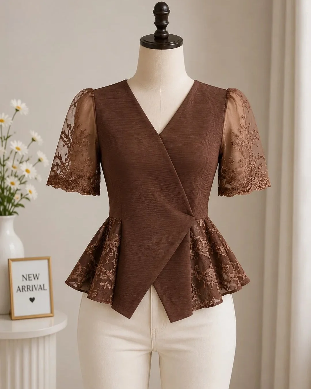 Sophisticated Burgundy Lace-Detail Peplum Top - Image 2