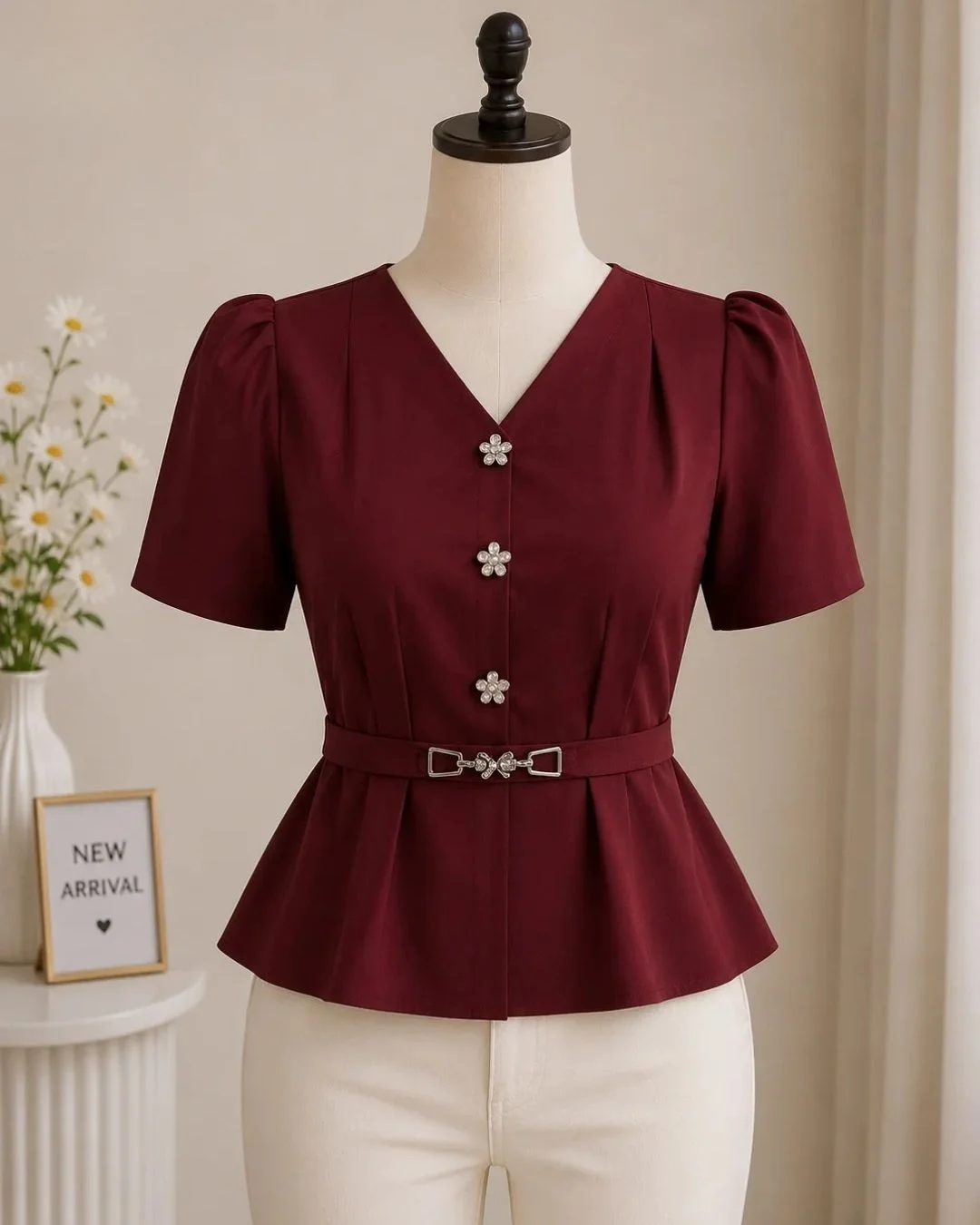 Sophisticated Burgundy Lace-Detail Peplum Top - Image 3