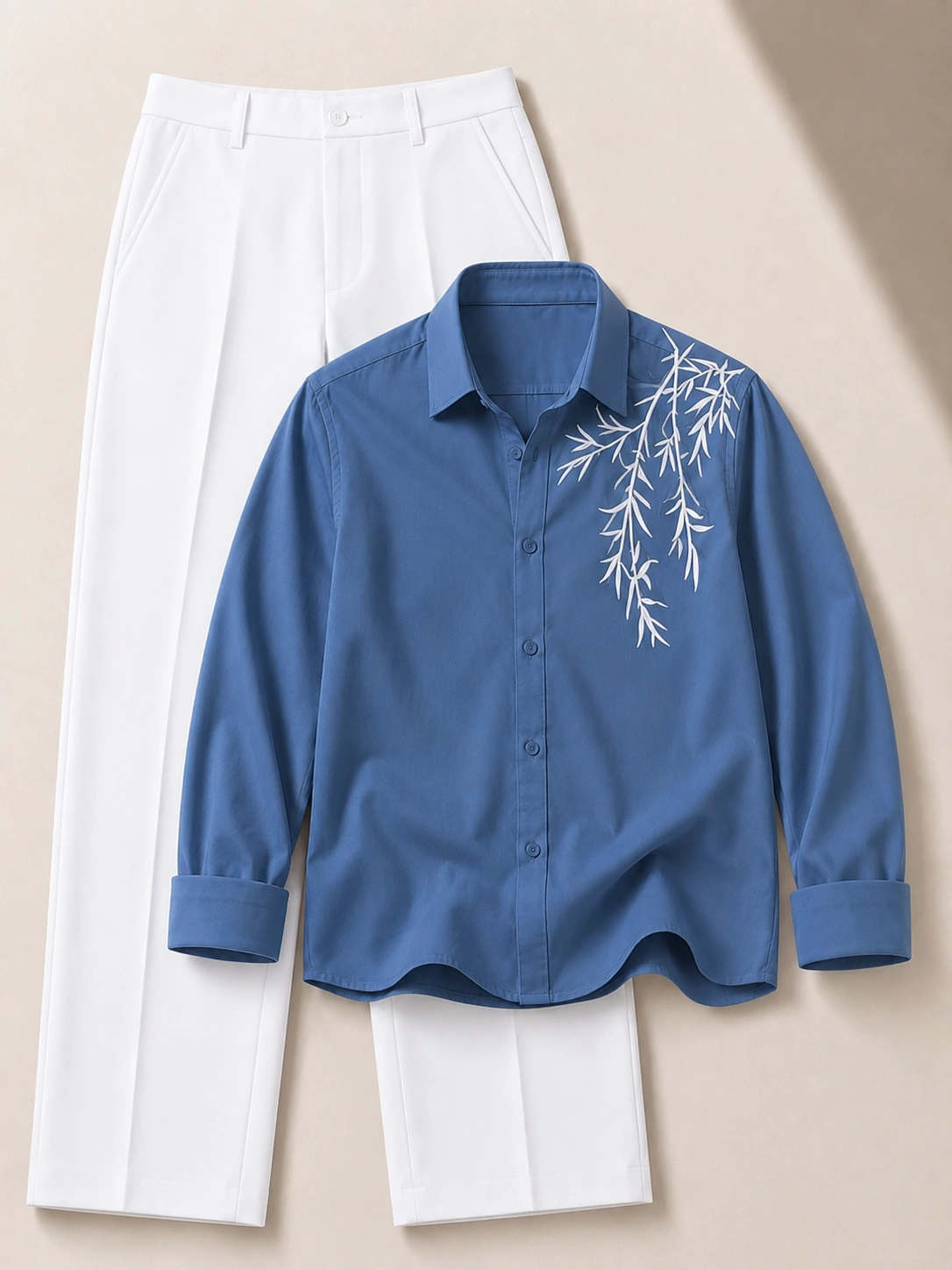 Earthy Sophistication Embroidered Chocolate Shirt & Crisp White Trousers - Image 3