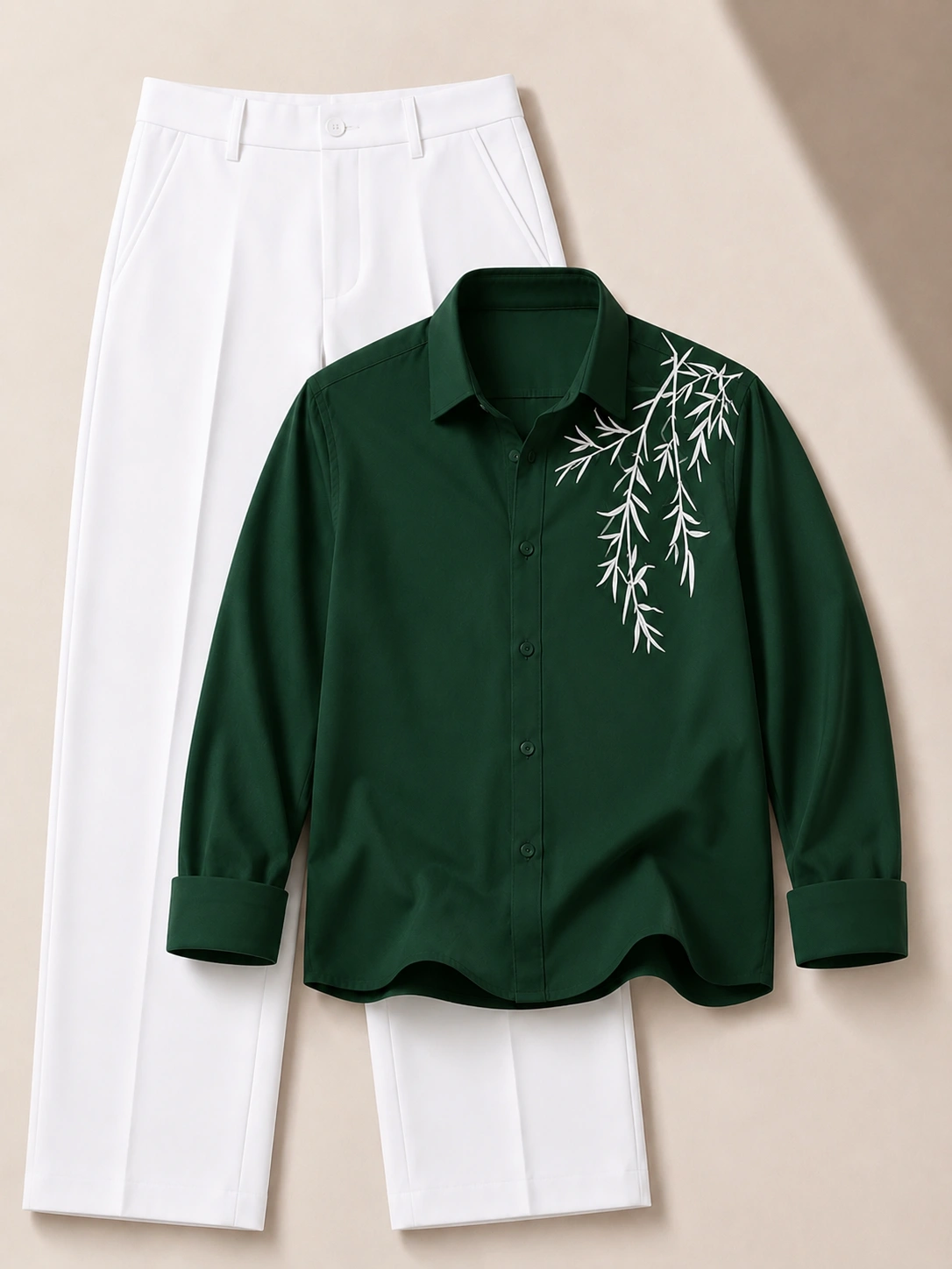 Earthy Sophistication Embroidered Chocolate Shirt & Crisp White Trousers - Image 4