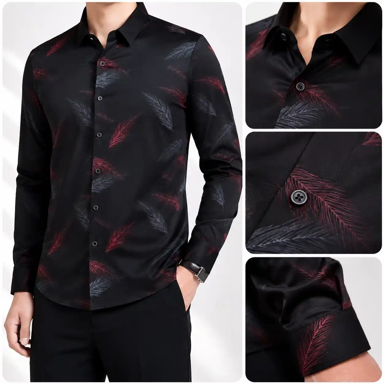 Sophisticated Navy Blue Feather Print Button-Down Shirt - Image 3