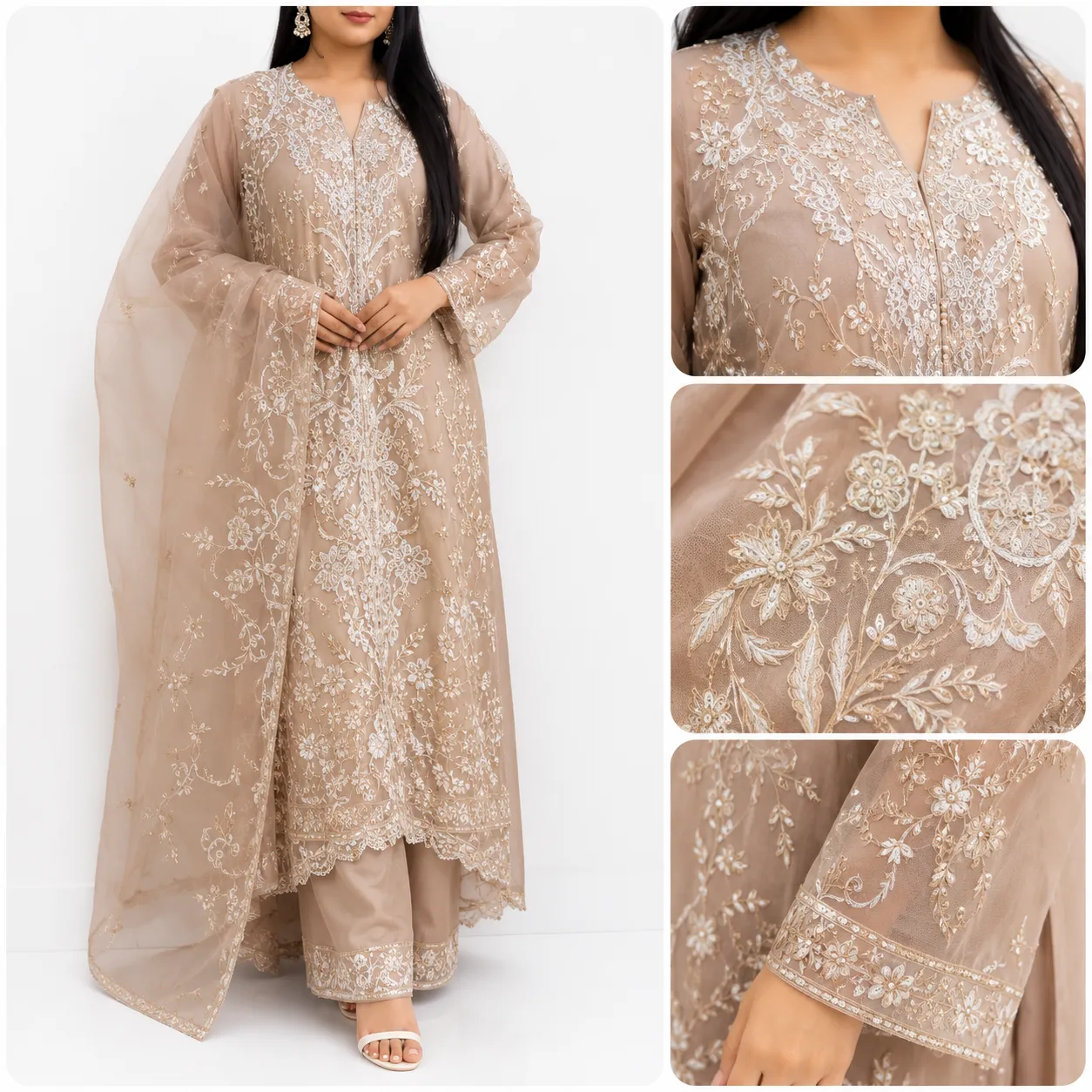 Elegant Mauve Pink Chikankari Embroidered 3-Piece Suit Set - Image 2