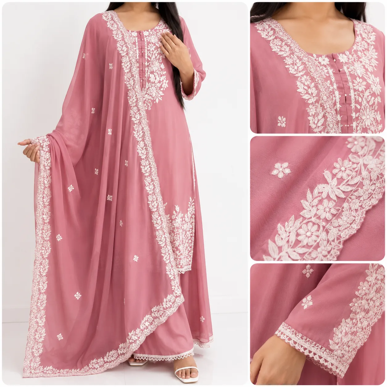 Elegant Mauve Pink Chikankari Embroidered 3-Piece Suit Set